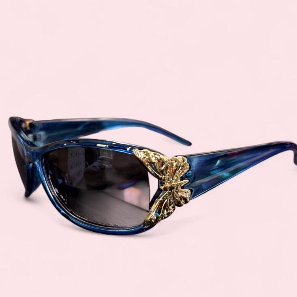 cobalt blue wrap sunglasses with gorgeous gold butterfly accents Y2k fairycore